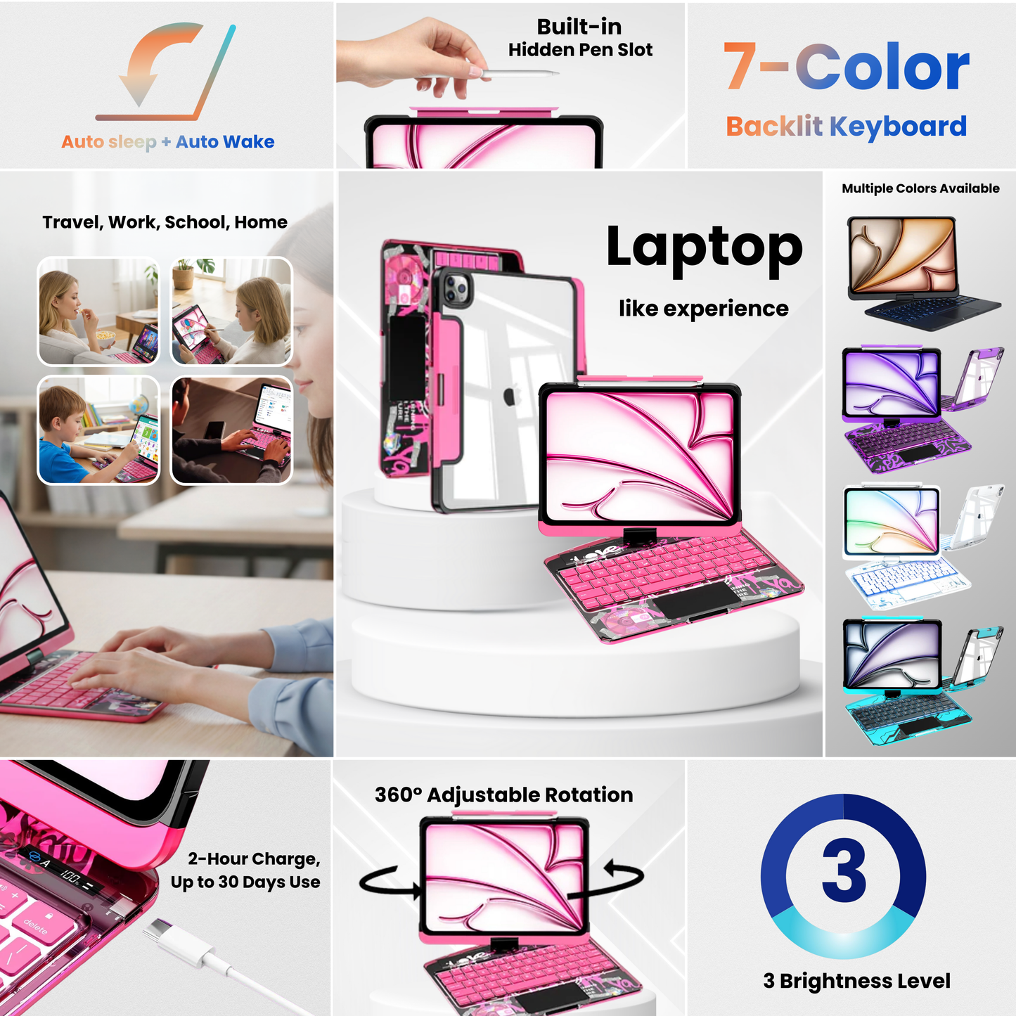 Neon Pink – Y2K 360° Rotating iPad Keyboard Case