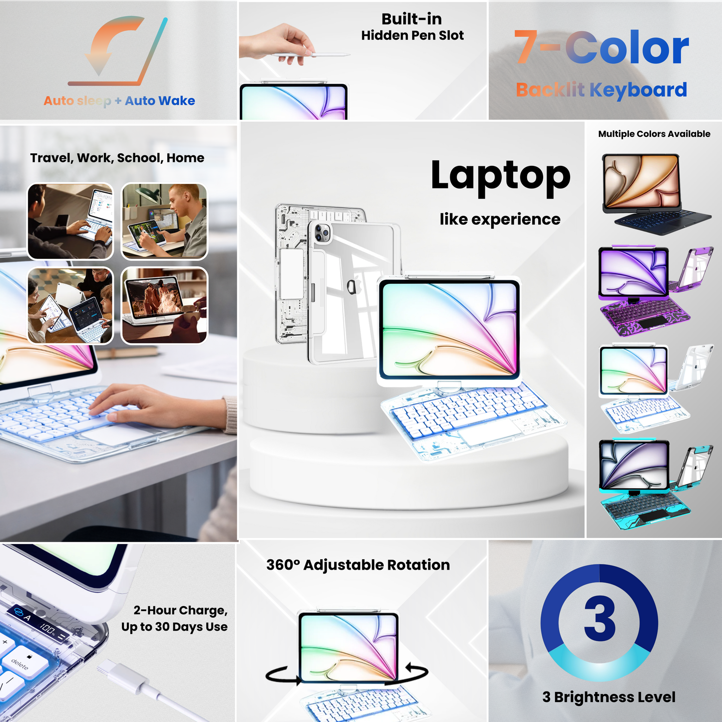 Transparent White – Y2K 360° Rotating iPad Keyboard Case