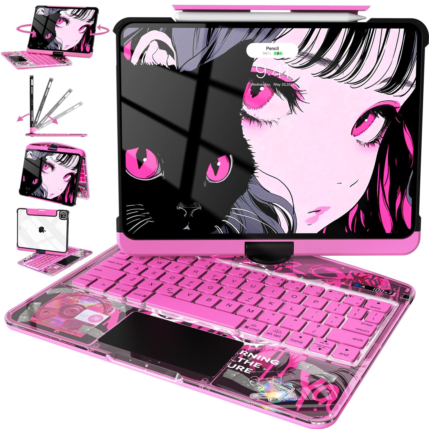 Neon Pink – Y2K 360° Rotating iPad Keyboard Case